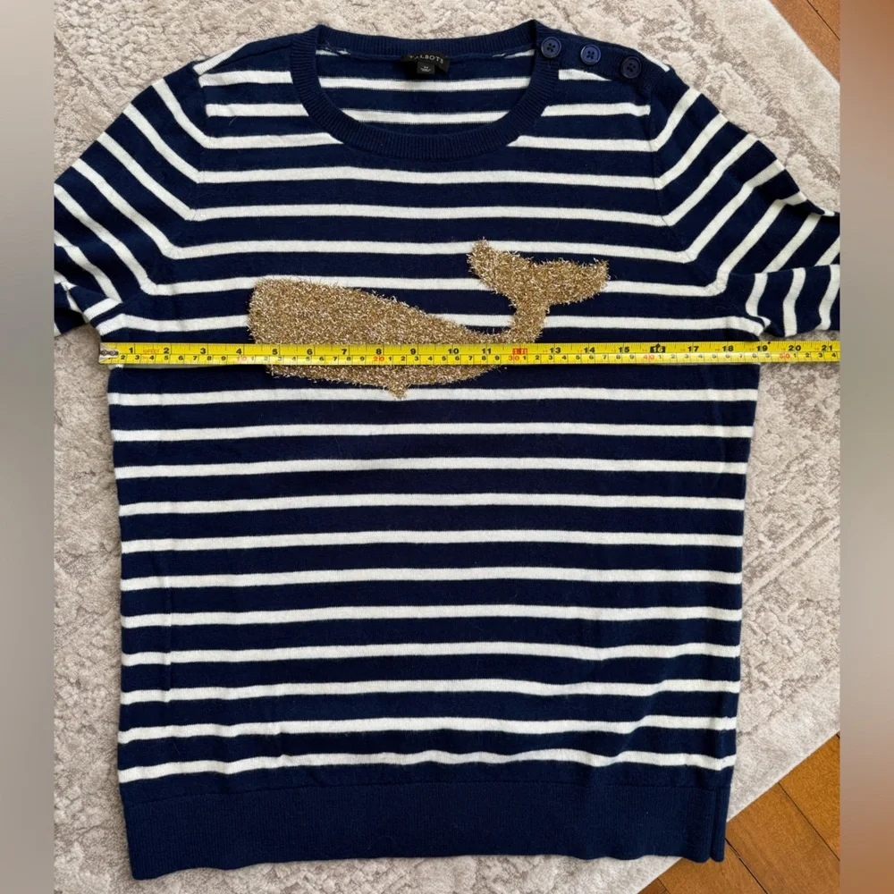 Talbots EUC Striped Metallic Whale Knit Pullover Sweater Navy White Gold M - Picture 6 of 12